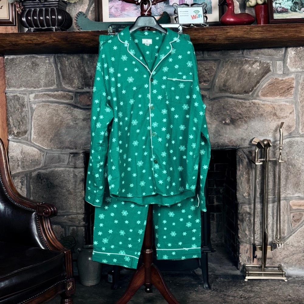 Petite Plume Men's Green Snowflake Flannel Pajama Set XL 100% Cotton Long Sleeve